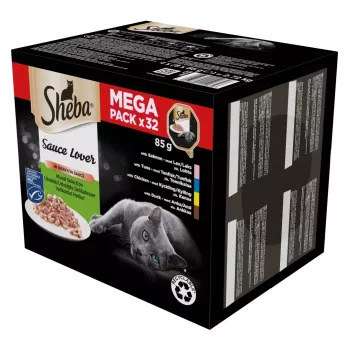 Mitrā kaķu barība paplātē Sheba sortiments 32 x 85 g — jaukta mājputnu, pīles, laša, tunča