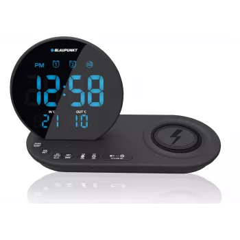 FM PLL clock radio/ALARM/USB/CR85BK CHARGE/Wireless charging/iekštelpu/outdoor temperature/Melns