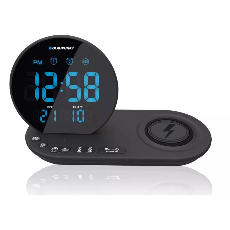 FM PLL clock radio/ALARM/USB/CR85BK CHARGE/Wireless charging/iekštelpu/outdoor temperature/Melns
