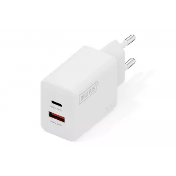 AC iekštelpu USB GaN lādētājs DIGITUS DA-10301 — 30W, 1× USB-C, 1× USB-A, 100–240V, balts