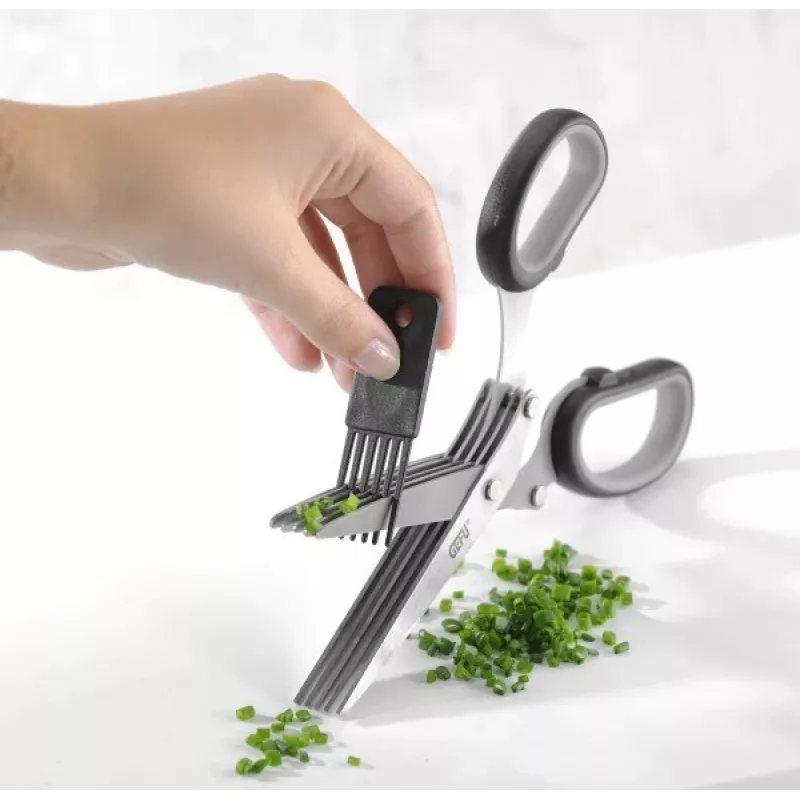 Virtuves šķēres GEFU 12660 — nerūsējošā tērauda asmeņi, plastmasas rokturis, garums 191 mm, platums 80 mm