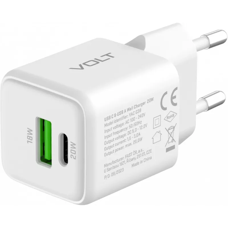 USB C/A tīkla lādētājs YENKEE YAC G38 20W 3A ar Power Delivery atbalstu (USB‑C un USB‑A)