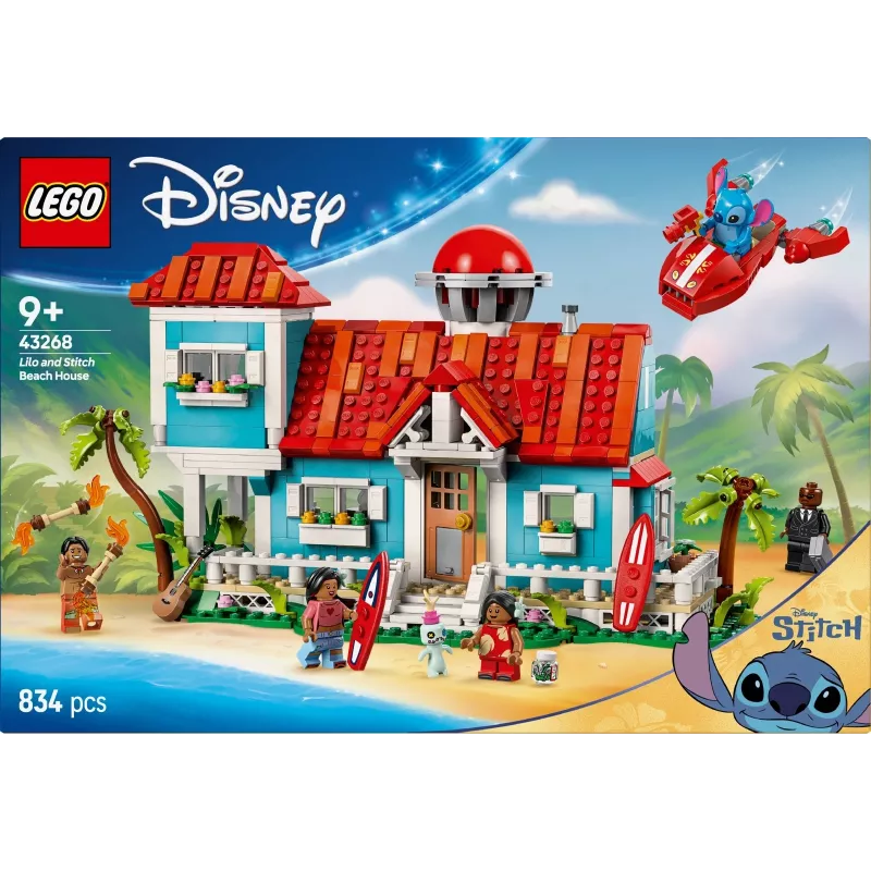 LEGO komplekts Disney 43268 Pludmales māja — modulāra mājas būvēšana, 834 detaļas, 5 minifigūras, vecumam 9+