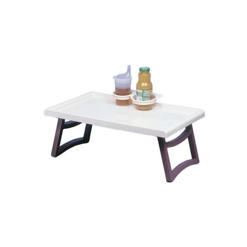 Galdiņš pie gultas SUNDO 46710 ar rokturiem, balts polistirola plaukts, 530×320×200 mm, 2 krūzīšu turētāji, salokāmas kājas, pudeļu turētājs