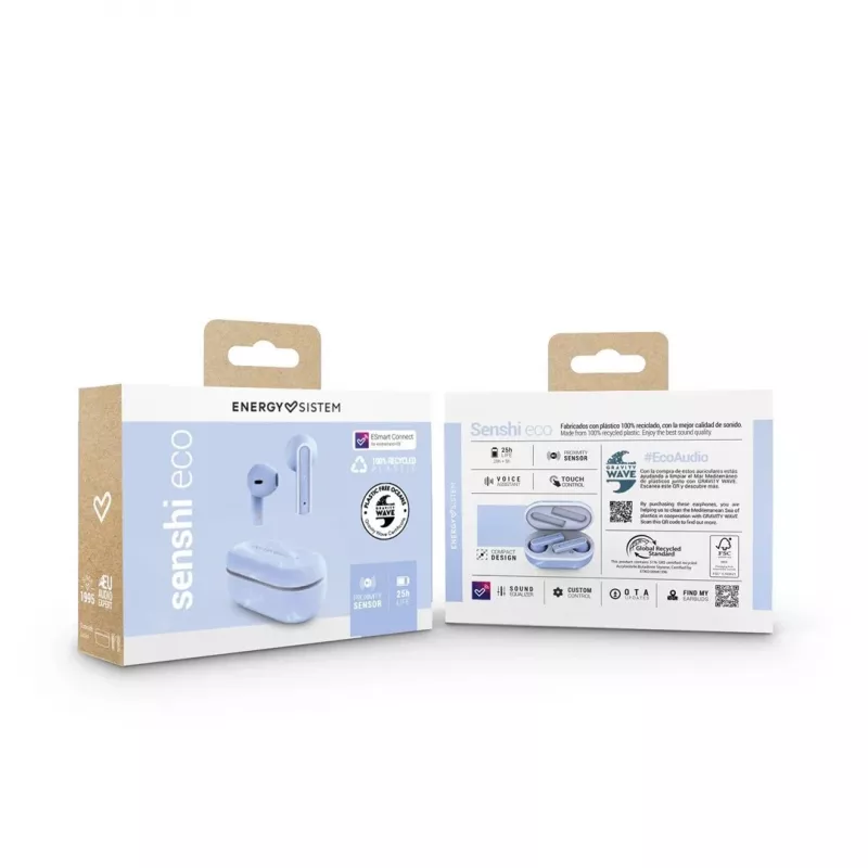 Energy Sistem Senshi Eco austiņas, patiesi bezvadu stereo (TWS), iekšauss, zvaniem/mūzikai/sportam/ikdienai, Bluetooth, gaiši zilas