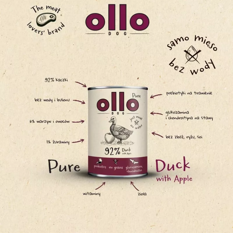 OLLO Pure Duck with apple - mitrā suņu barība - 400g