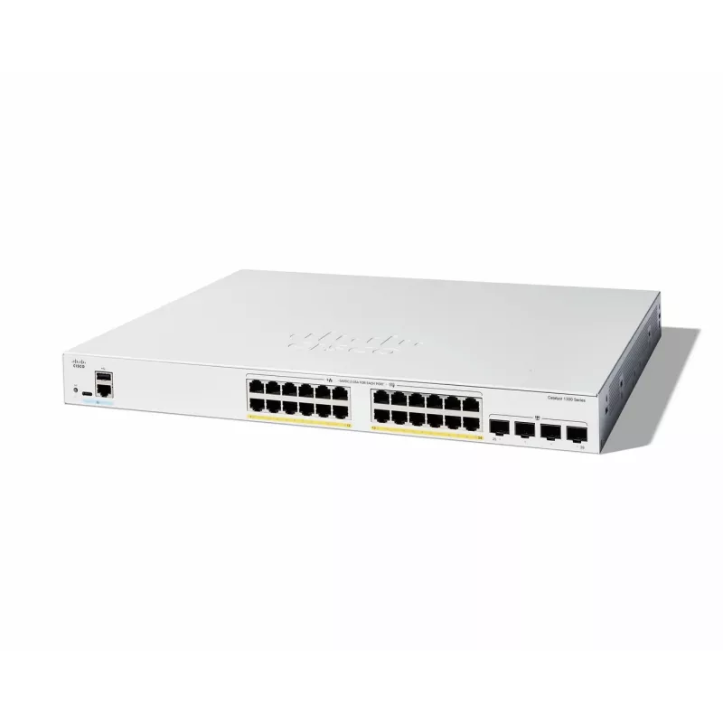 Cisco Catalyst 1300-24FP-4G pārvaldāms slēdzis, 24 porti GE, pilns PoE, 4x1GE SFP, ierobežots mūža aizsardzība (C1300-24FP-4G)