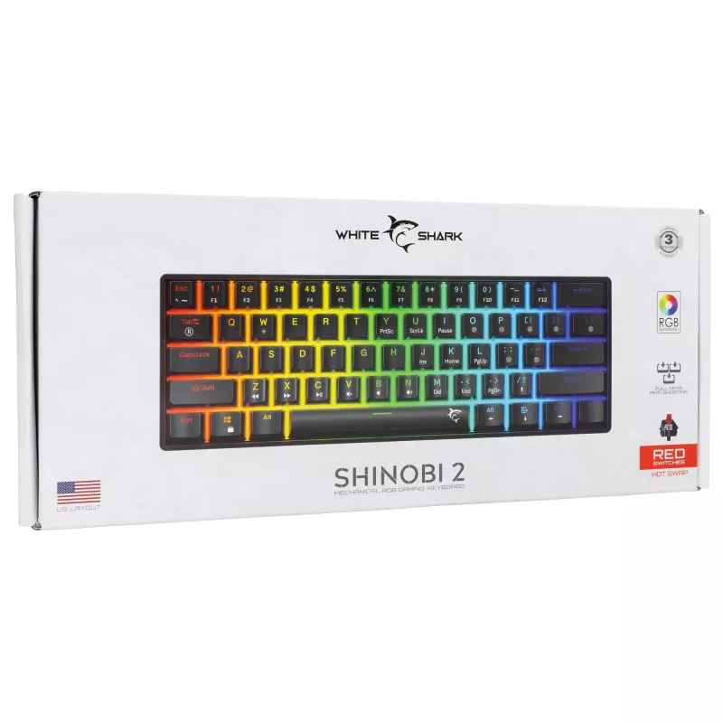 Mehāniskā spēļu tastatūra White Shark Shinobi-2 ar sarkanajiem slēdžiem, melna, ASV izkārtojums
