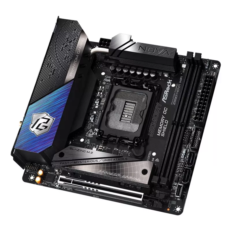 Mātesplate ASRock Phantom Gaming Z890I Nova WiFi — Intel Z890, LGA 1851, mini ITX, DDR5, 2x M.2, Wi‑Fi 6E/7, 5Gb LAN, Thunderbolt
