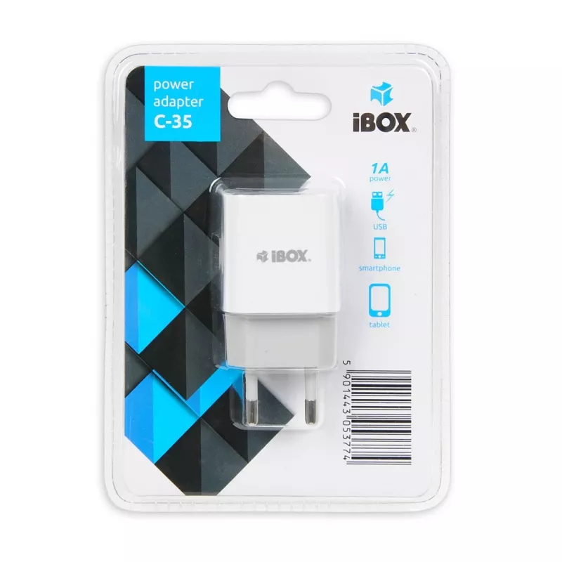 AC iekštelpu lādētājs IBOX C-35 Universal balts — 5 V maks., 0,3 A ieeja, 1 A USB izeja