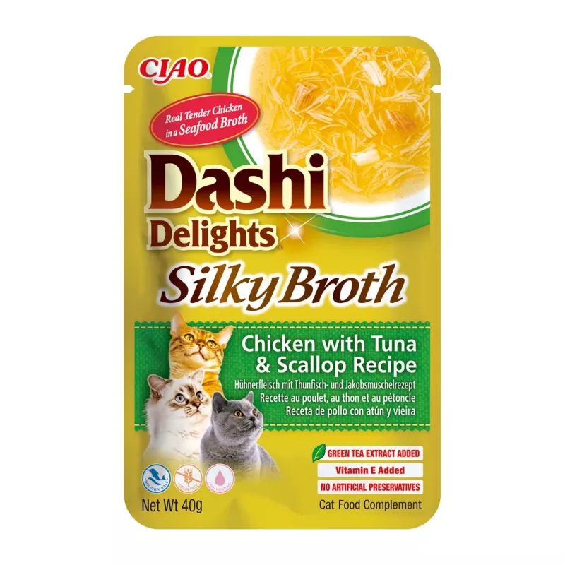 Mitrs kaķu cienasts INABA Dashi Delights — vistas gaļa ar tunča un ķemmešu garšu, 40 g maisiņš, 93% mitrums, 5,5% olbaltumvielas