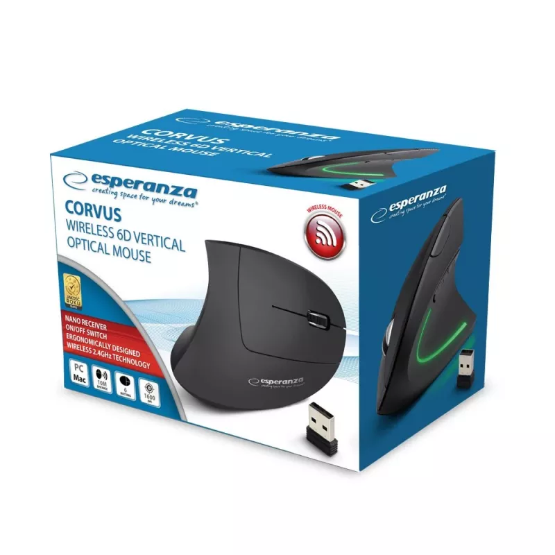 Bezvadu pele ESPERANZA EM133 — ergonomiska labā roka, 1600 DPI, 6 pogas, 2,4 GHz USB nano uztvērējs, 10 m diapazons, melna
