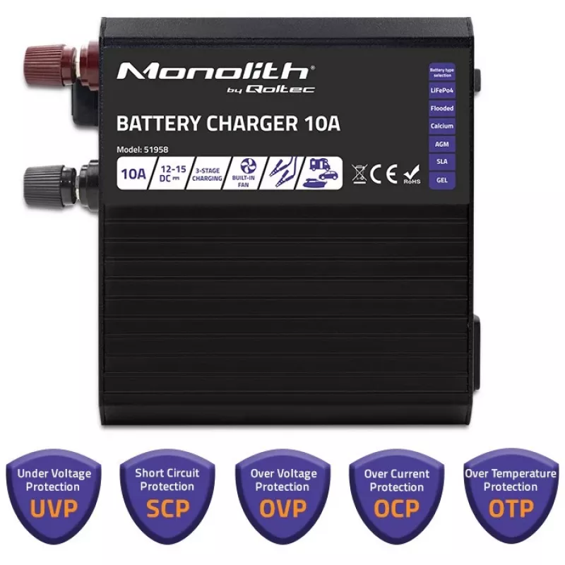 Qoltec Smart Monolith akumulatora lādētājs LiFePO4 AGM GEL SLA akumulatoriem | 10A | 12V