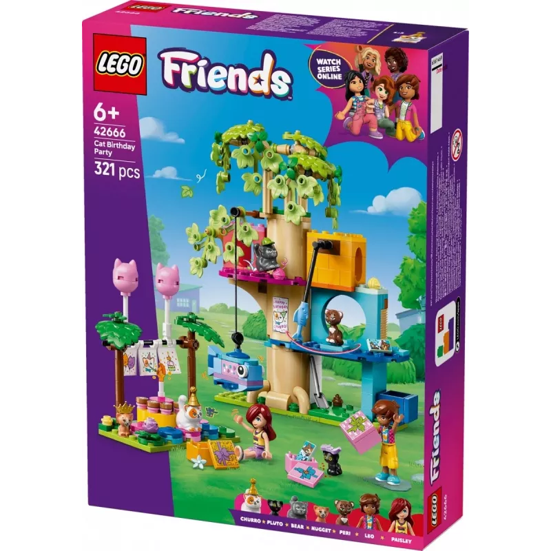 Konstruktora rotaļlieta LEGO Friends 42666 Kaķa dzimšanas dienas ballītes koka mājas komplekts, 321 gab., 6+ gadi, 180×160×100 mm