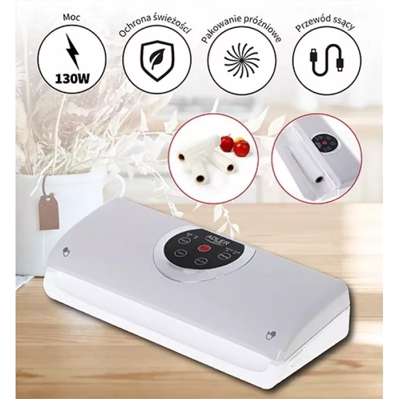 Vakuuma aizzīmogotājs Adler AD 4503, 130 W, vakuums -750 līdz -800 mbar, C tipa kontaktdakša, pelēks/baltss