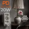 Strāvas sadalītājs MACLEAN MCE248 F/W — 3 maiņstrāvas kontaktligzdas (1×16A, 2×6A) + 4×USB (2×A, 2×C PD 20W), ES kontaktdakša, balts