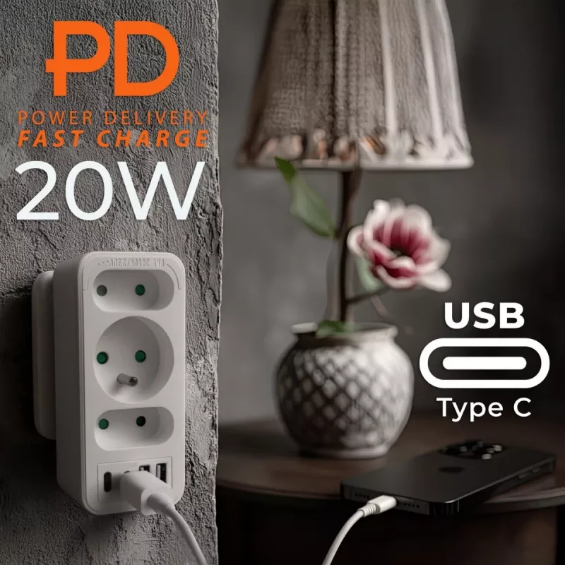 Strāvas sadalītājs MACLEAN MCE248 F/W — 3 maiņstrāvas kontaktligzdas (1×16A, 2×6A) + 4×USB (2×A, 2×C PD 20W), ES kontaktdakša, balts
