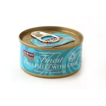 Slapjā kaķu barība FISH4DOGS Tunča fileja ar krabi 70 g — konserva, 70 g, 85% mitrums, 12% olbaltumvielas