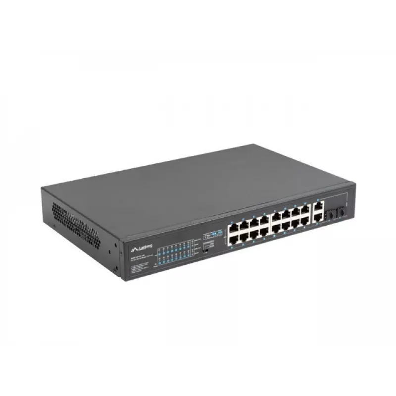 Nepārvaldāms slēdzis LANBERG RSFE-16P-2C-150 — 18 portu Gigabit, 16 PoE+/2 SFP, 150 W kopā, 1U statīvs, metāls, melns