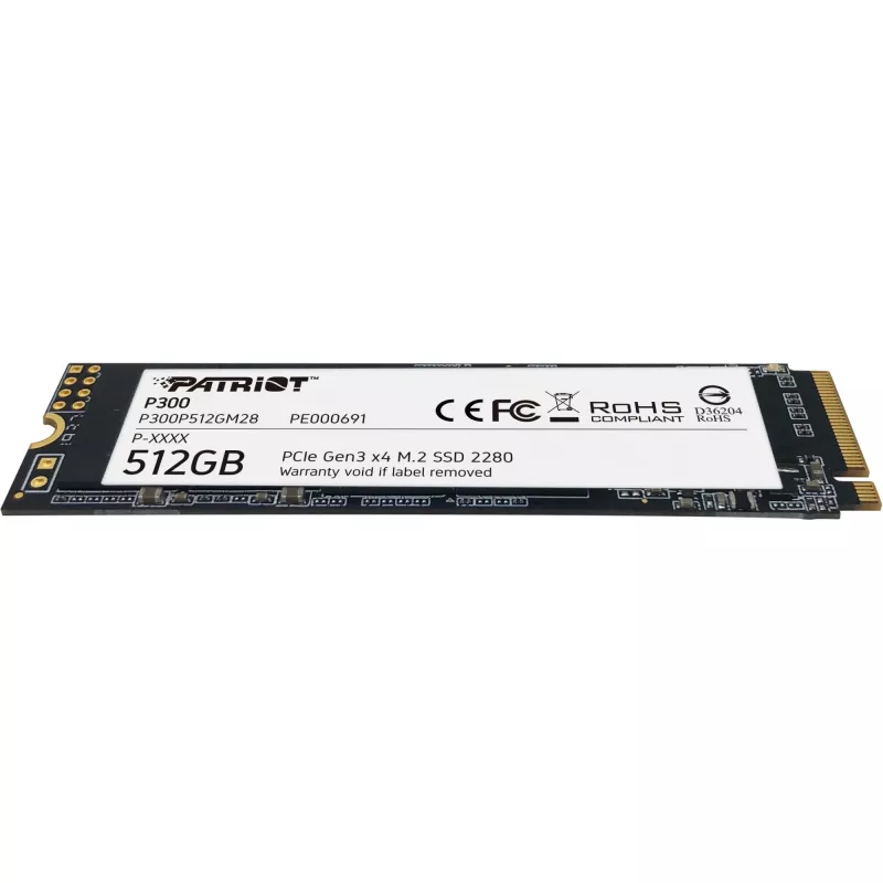 Iekšējais SSD PATRIOT P300 512 GB M.2 PCIe NVMe — lasīšana 1700 MB/s, rakstīšana 1200 MB/s, 3D NAND, 3,8 mm, TBW 240