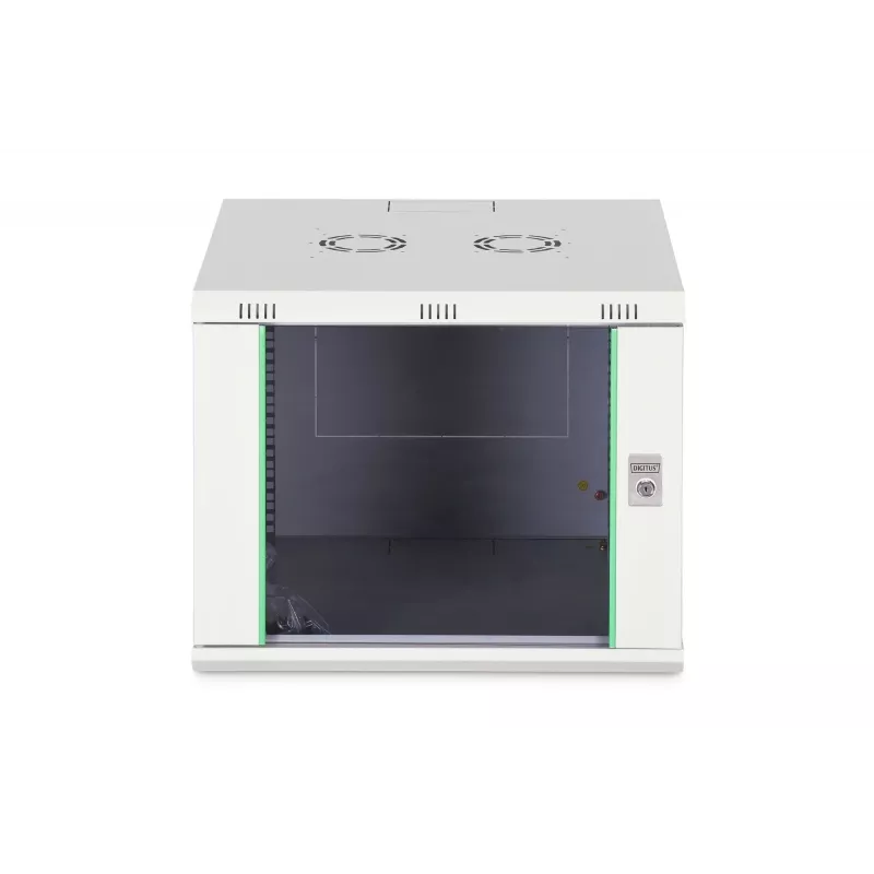 Pie sienas stiprināms 19 collu statņu skapis DIGITUS Dynamic-N DN-37106 — 9U, 600x600 mm, IP20, atslēgas slēdzene