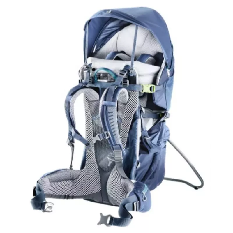 Bērnu nēsāšanas mugursoma Deuter Kid Comfort Pro, zila, poliamīds, maks. 22 kg, saulessargs, sānu kabata