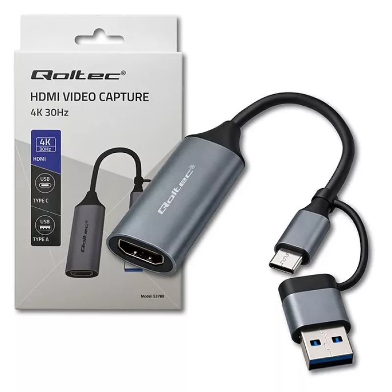 USB-C uz USB-A un HDMI 4K 30Hz adapteris QOLTEC alumīnija korpusā