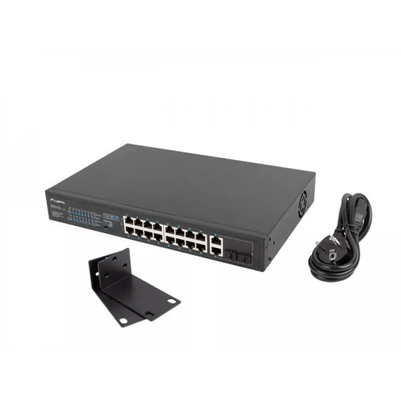 Nepārvaldāms slēdzis LANBERG RSFE-16P-2C-250 — 18 portu Gigabit, 16x PoE+ (30W), 2x SFP, 250W, 1U, metāls, stiprināšana statīvā