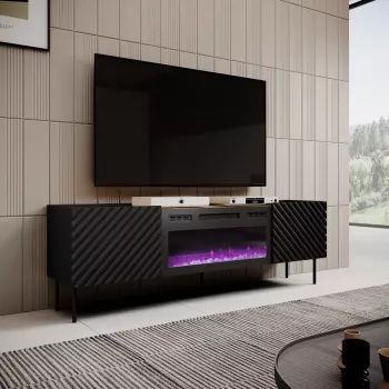 TV skapītis Cama Meble ONDA ar elektrisko kamīnu 1805×400×580 mm, melns, skaidu plātnes virsma (stāvošs vai pie sienas stiprināms)