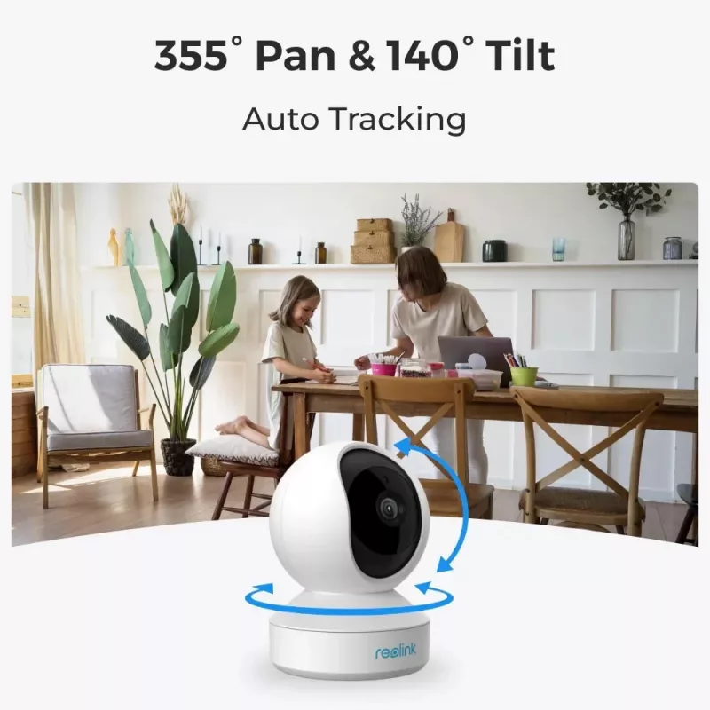 Iekštelpu IP drošības kamera Reolink E Series E330 — 4MP, 4 mm objektīvs, 84°×45° redzes lauks, 2.4/5 GHz Wi‑Fi, divvirzienu audio, cilvēku/mājdzīvnieku noteikšana