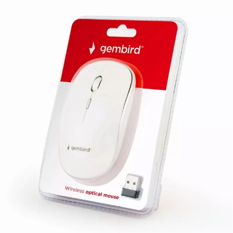 Bezvadu pele GEMBIRD MUSW-4B-01-W, piemērota abām rokām, optiskā 1600 DPI, 4 pogas, RF bezvadu, balta