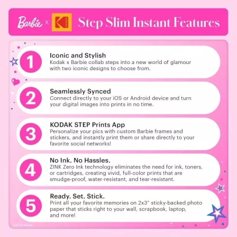 Barbie x Kodak STEP Slim Instant Mobile Photo printer Colour ZINK 2x3'' 1ppm, Bluetooth, Pink