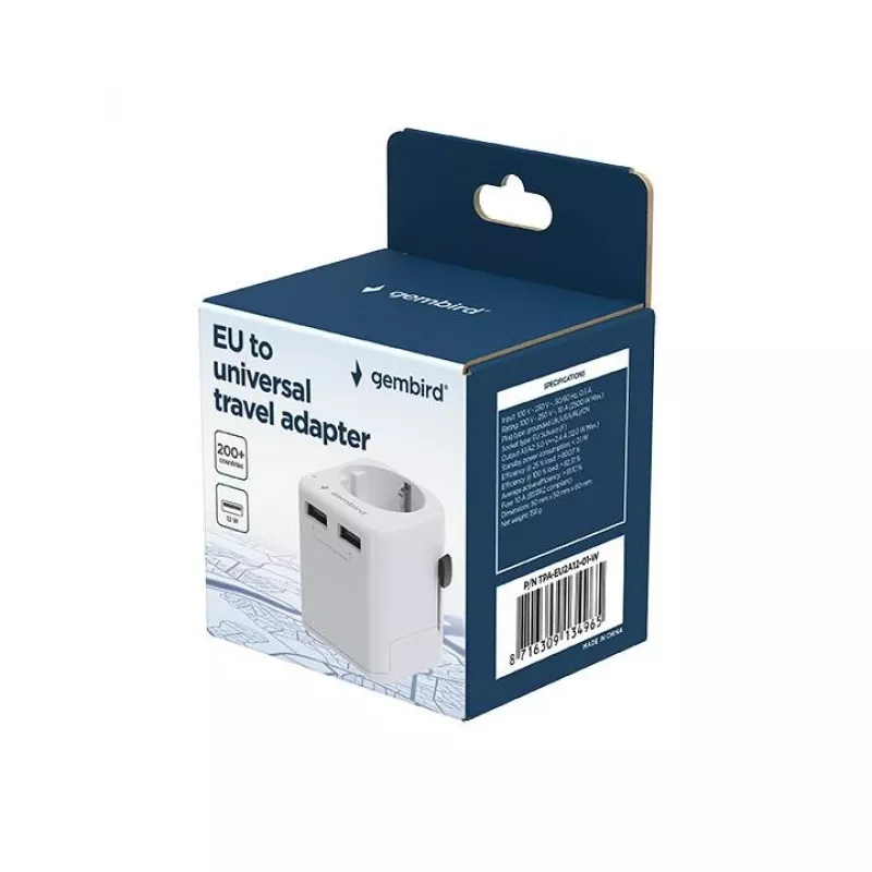 Universāls ceļojumu adapteris GEMBIRD TPA-EU2A12-01-W 12W USB strāvas adapteris starptautiskām rozetēm