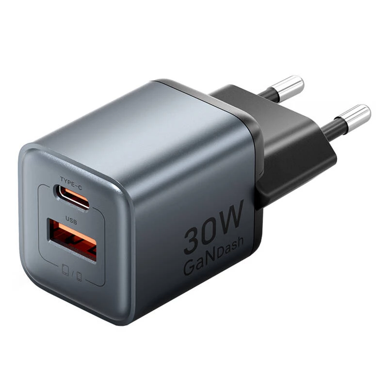 Vention FEWH0-EU 30W GaN lādētājs — 1× USB-C, 1× USB-A, 30 W, melns