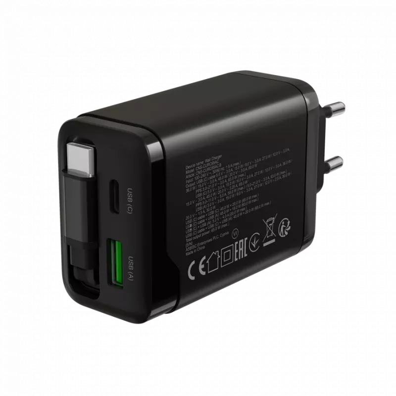 Lādētājs CANYON OnCharge 65RC ar iebūvētu USB-C vadu, 65W, 1x PD, 1x QC, ES kontaktdakša, melns