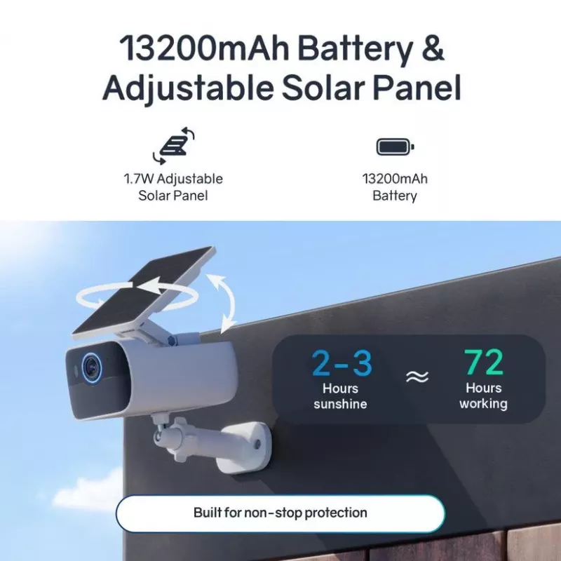 Safemo SC1 SolarCam, 4K UHD video, 8× tālummaiņa, 132° skata leņķis, nakts redzamība, Wi-Fi 2,4 GHz, 1,5 W saules panelis, balts
