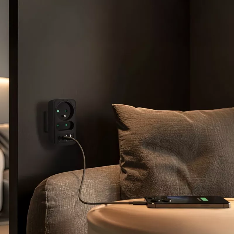 Strāvas sadalītājs MACLEAN MCE249 F/B — 2 maiņstrāvas ligzdas (16A + 6A) ar 2×USB-A un 2×USB-C PD 20W, ES spraudnis, melns