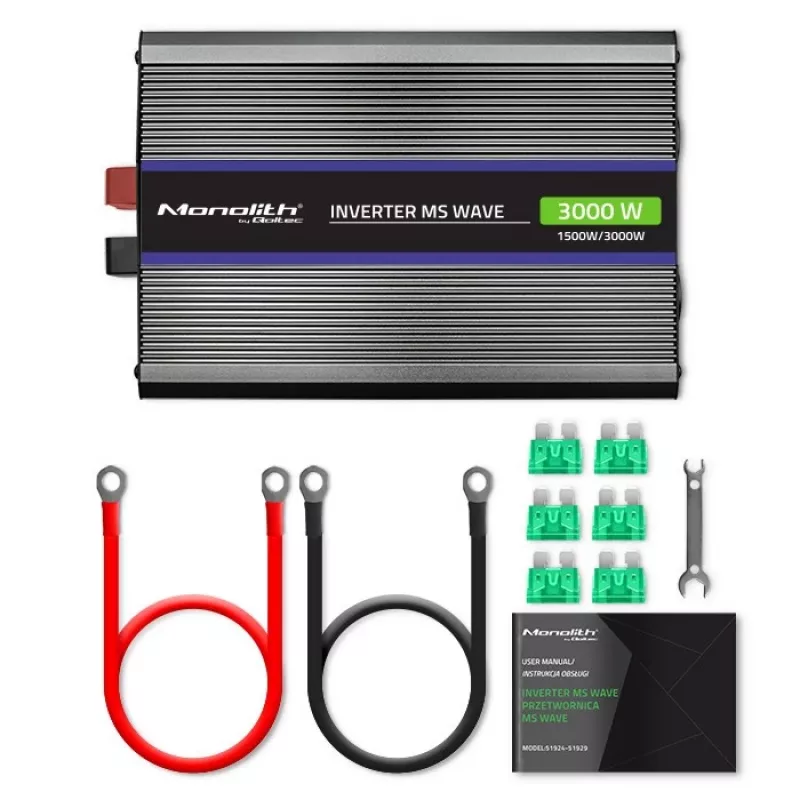 Jaudas pārveidotājs QOLTEC Monolith 3000 MS Wave, 12V→230V, 1500/3000W, ar USB
