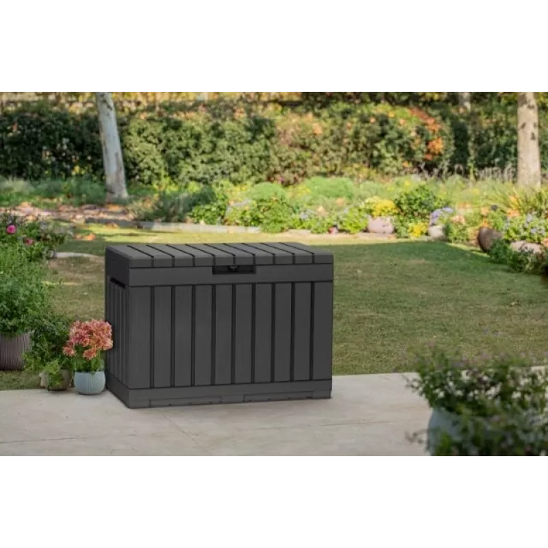Āra glabāšanas kaste Keter Kentwood 190L — 190 litri, grafīta krāsa, paceļams vāks, 823×457×577 mm