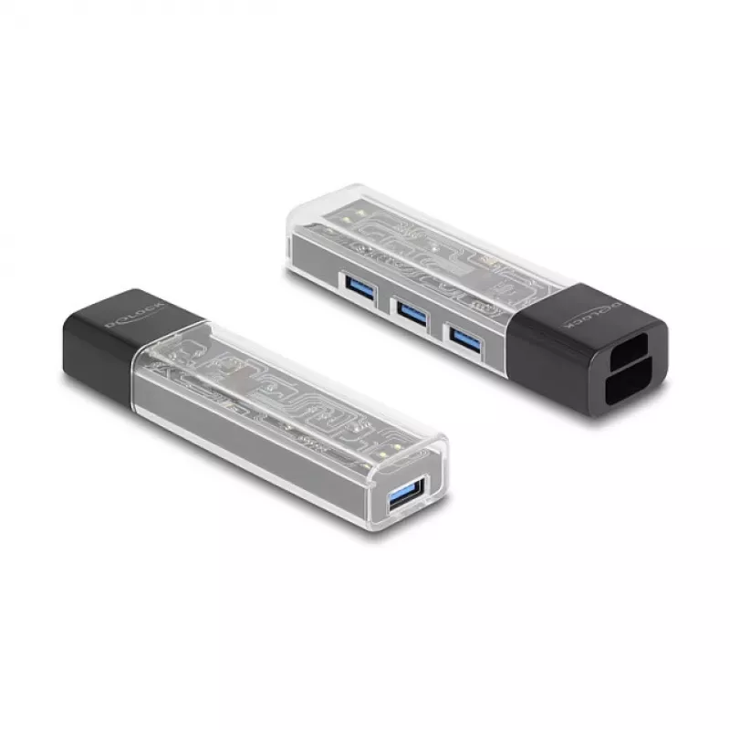 DELOCK USB 3.2 Gen 1 (3.1 Gen 1) 4-portu centrs ar Type-A + Type-C resursdatora pieslēgumu (5000 Mbit/s) melns/caurspīdīgs