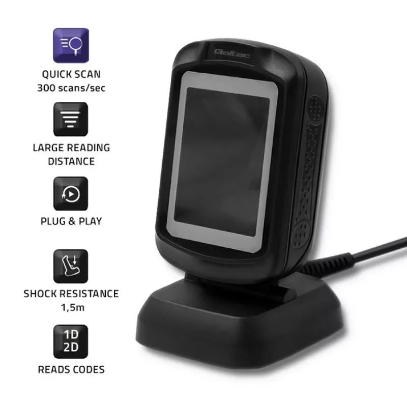 Fiksēts 1D/2D svītrkodu lasītājs QOLTEC 50864, LED sensors, USB vadu savienojums, melns, 145×85×80 mm