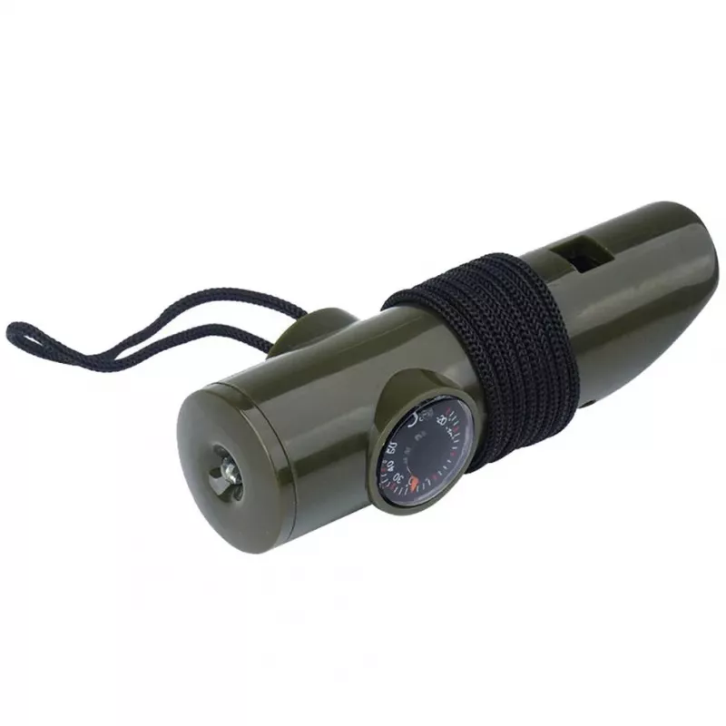 Daudzfunkcionāla izdzīvošanas svilpe Mil-Tec SP.22073 — 6-in-1 olīvzaļa, kompass, termometrs, spogulis, palielināmais stikls, gaisma, 100×35×30 mm