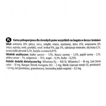 Mitrā suņu barība dolina noteci Premium — menca un brokoļi, 800 g, pieaugušiem suņiem, bez graudiem, bez lipekļa