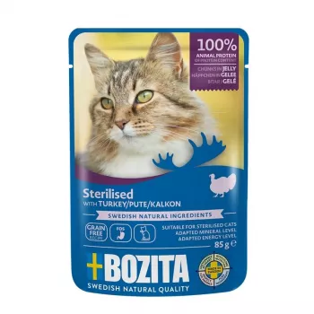 Mitrā kaķu barība BOZITA sterilizēti gabaliņi želejā ar tītaru 85 g, pieaugušiem kaķiem, 82% mitruma, 8,5% olbaltumvielu