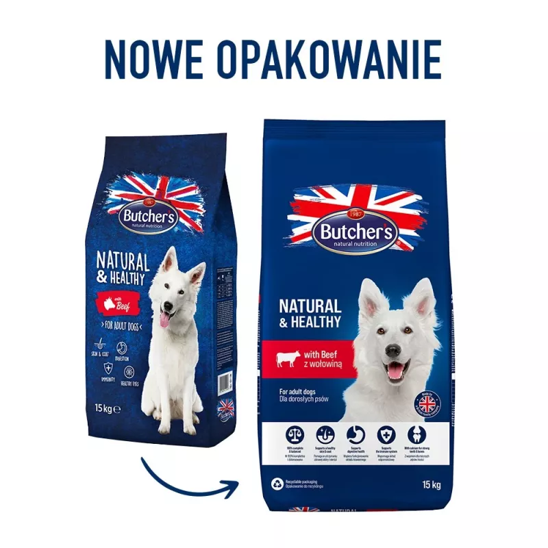 Sausā suņu barība Butcher's Natural & Healthy Adult Beef 15 kg — 20% olbaltumvielu, 7,5% tauku, 3% šķiedrvielu