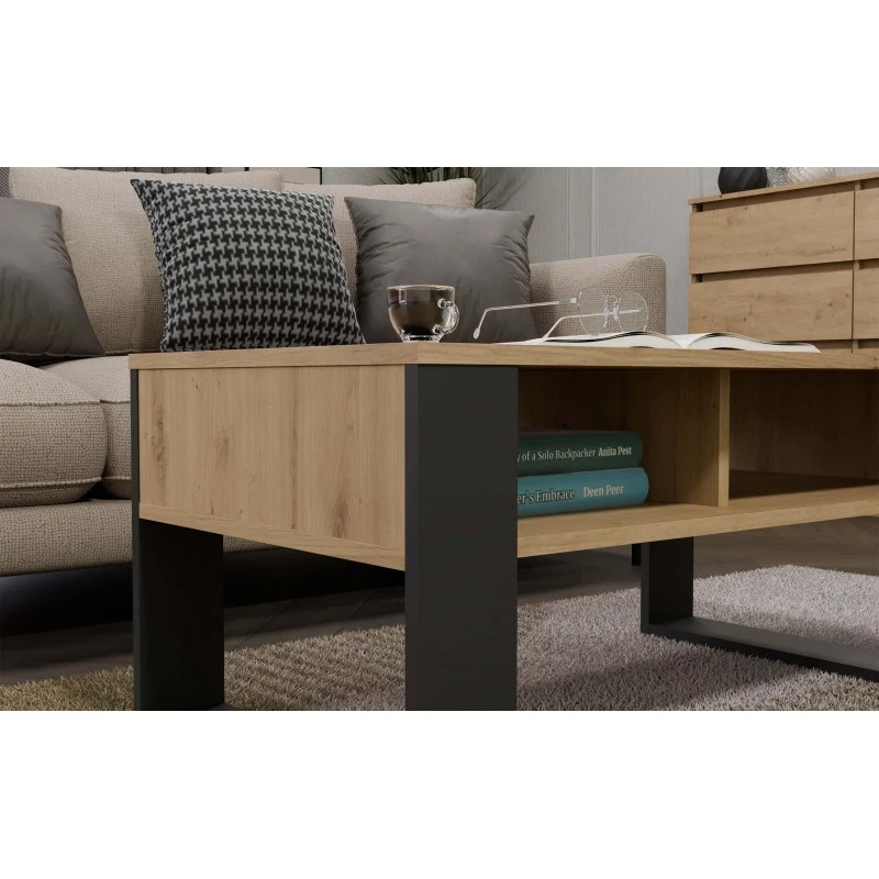 top e shop Modern kafijas galdiņš 90×58×50 cm, antracīta krāsas rāmis, matētas Artisan ozola plaukti