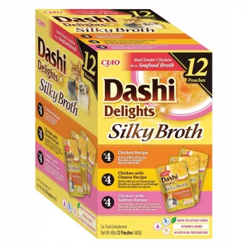 Mitrā kaķu barība INABA Dashi Delights Silky Broth vistas un laša maisījums, 12 x 40 g maisiņi, pilnvērtīga barība pieaugušiem kaķiem