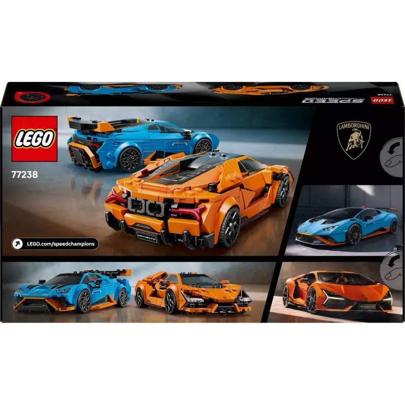 Konstruktors LEGO Speed Champions komplekts 77238 — Lamborghini Revuelto & Huracán STO, 607 detaļas, 2 minifigūras, ieteicamais vecums 10+