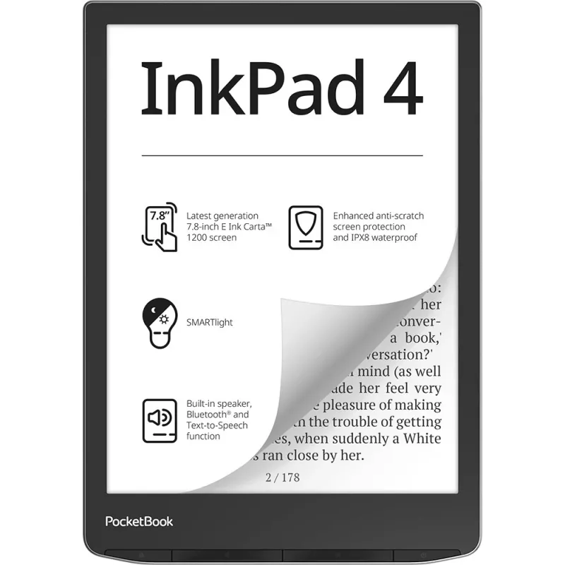 PocketBook InkPad 4 - 19,8 cm (7,8) - E Ink Carta - 1404 x 1872 pikseļi - ACSM - AZW - AZW3 - CBR - CBZ - CHM - DOC - DOCX - DjVu - EPUB - EPUB DRM - FB2 - FB2.ZIP - HTM - HTML - MOB