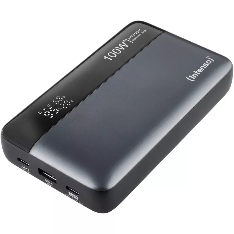 Ārējais akumulators INTENSO 7350050 — 20000 mAh, 1× USB-A + 2× USB-C, 100 W kopējā jauda, melns/pelēks